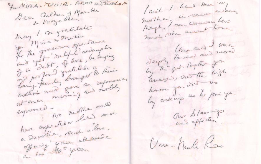 Letter from Uma and Murli Rao to Vidyaben's children, 2002